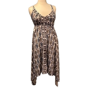 INC Black Tan V Neck Shark Bite Sleeveless Midi Dress Large Geometric Cross Back